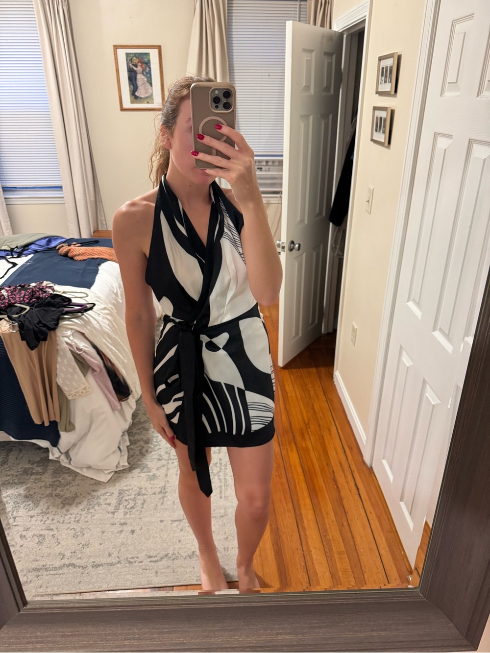 Black & White Halter Wrap Mini Dress with Tie Waist